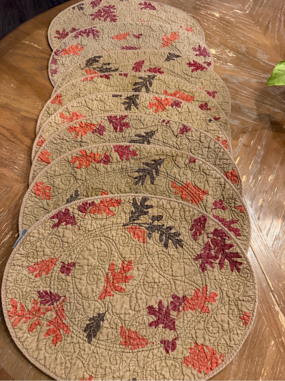Autumn Fall Leaf Quilted Placemat Set - Tan with Orange & Burgundy Accents (8)